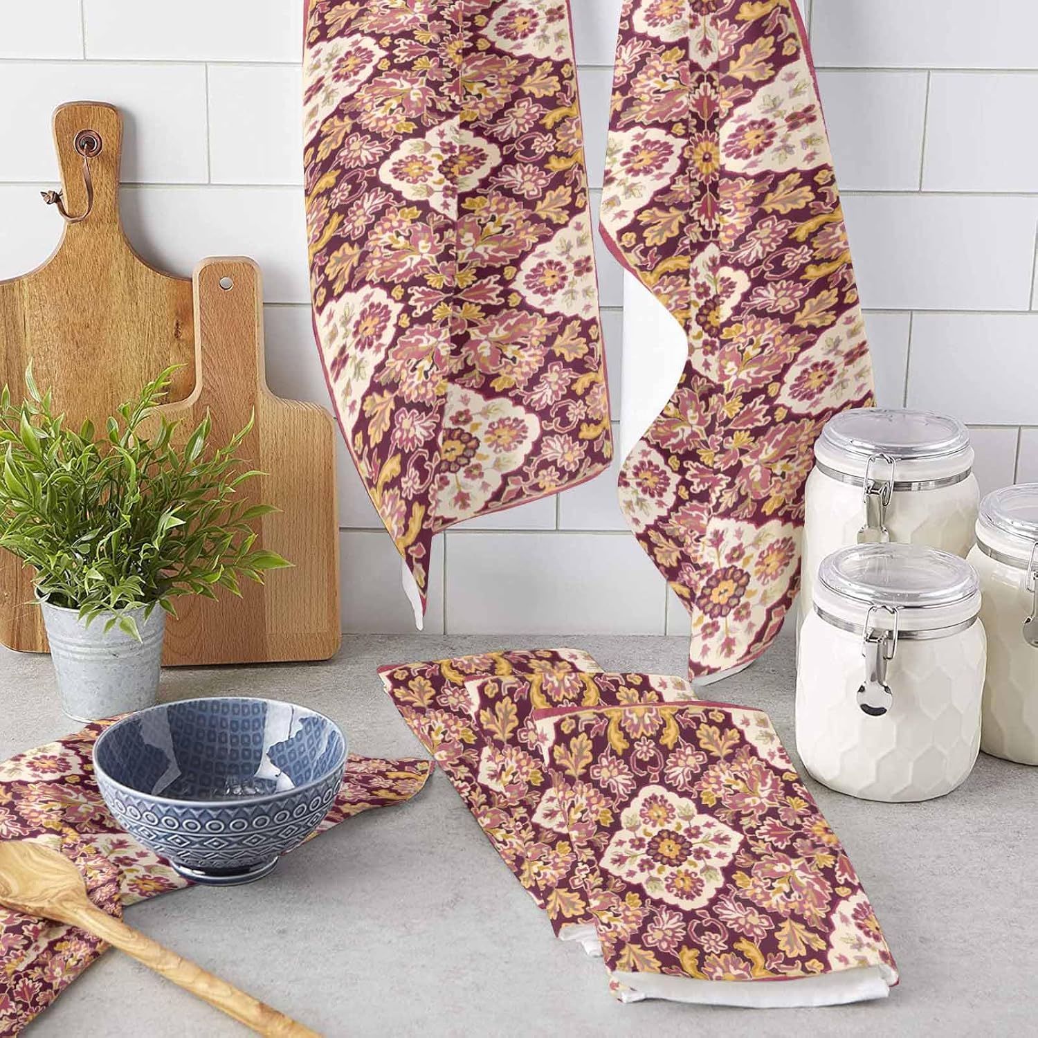 Red Boho Kitchen Towel 18x28 Microfiber Dishcloth Set