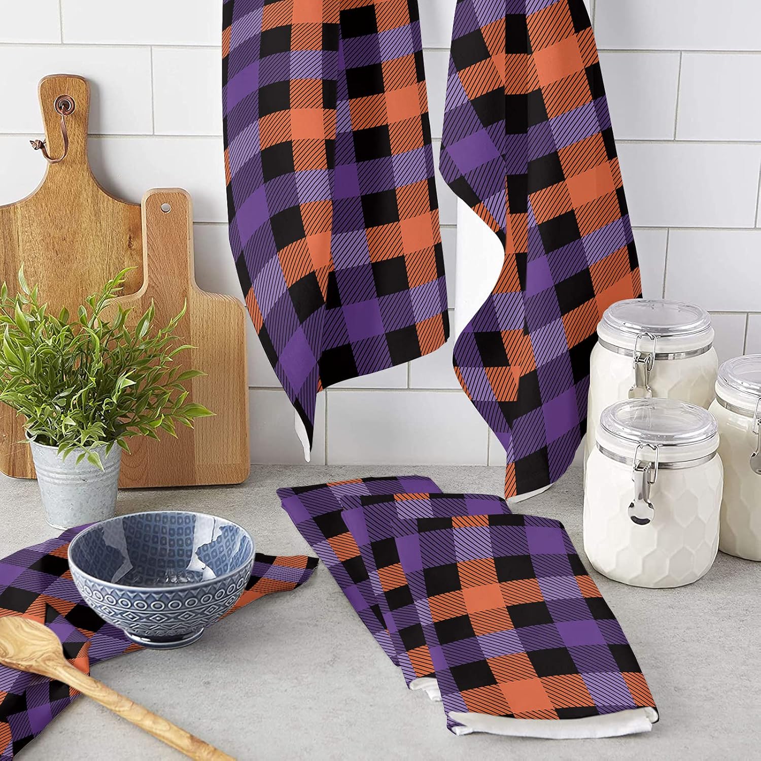 Funnywall88 Halloween Buffalo Plaid Dish Towels Set of 1