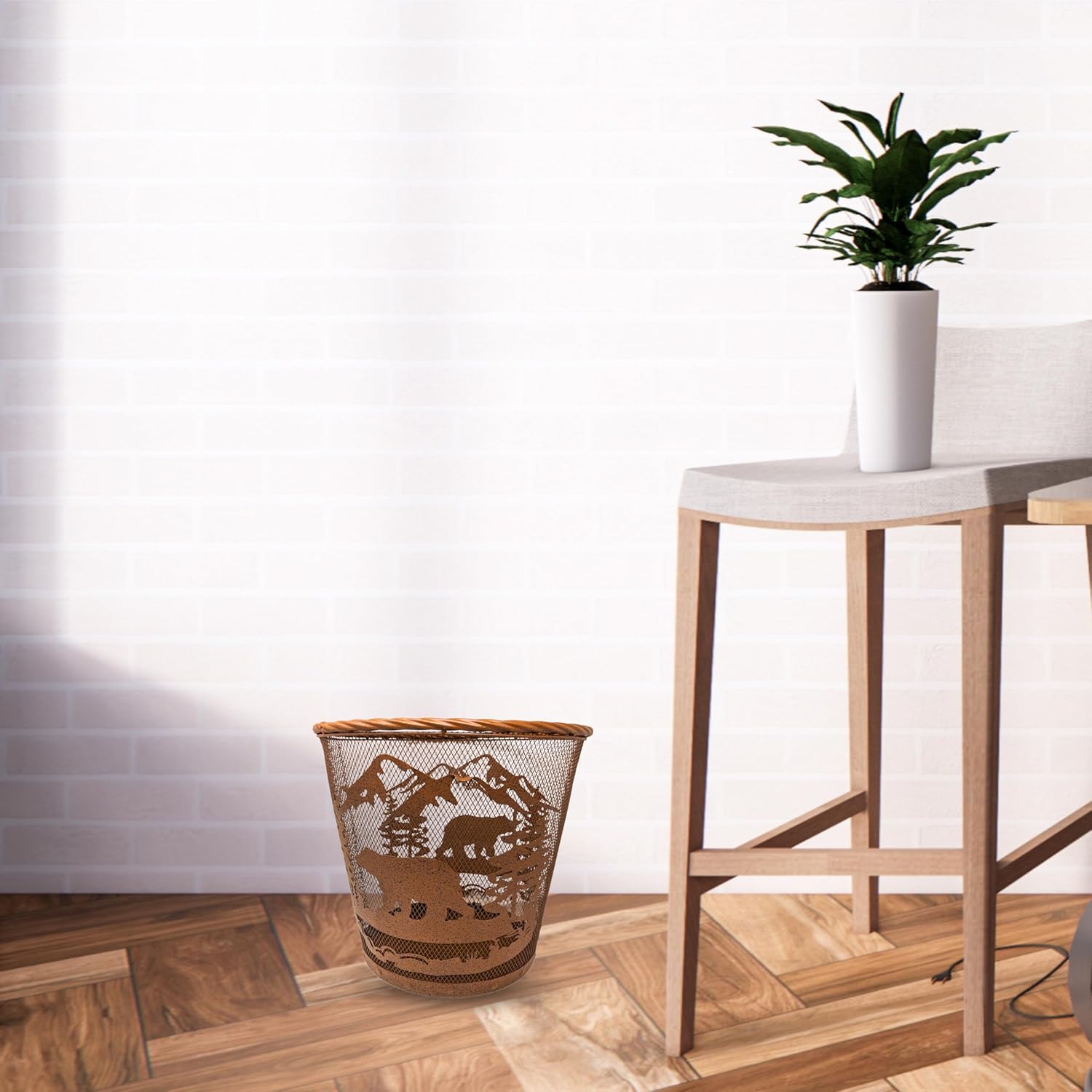 Rustic Brown Mesh Wastebasket with Mountain Bear Design