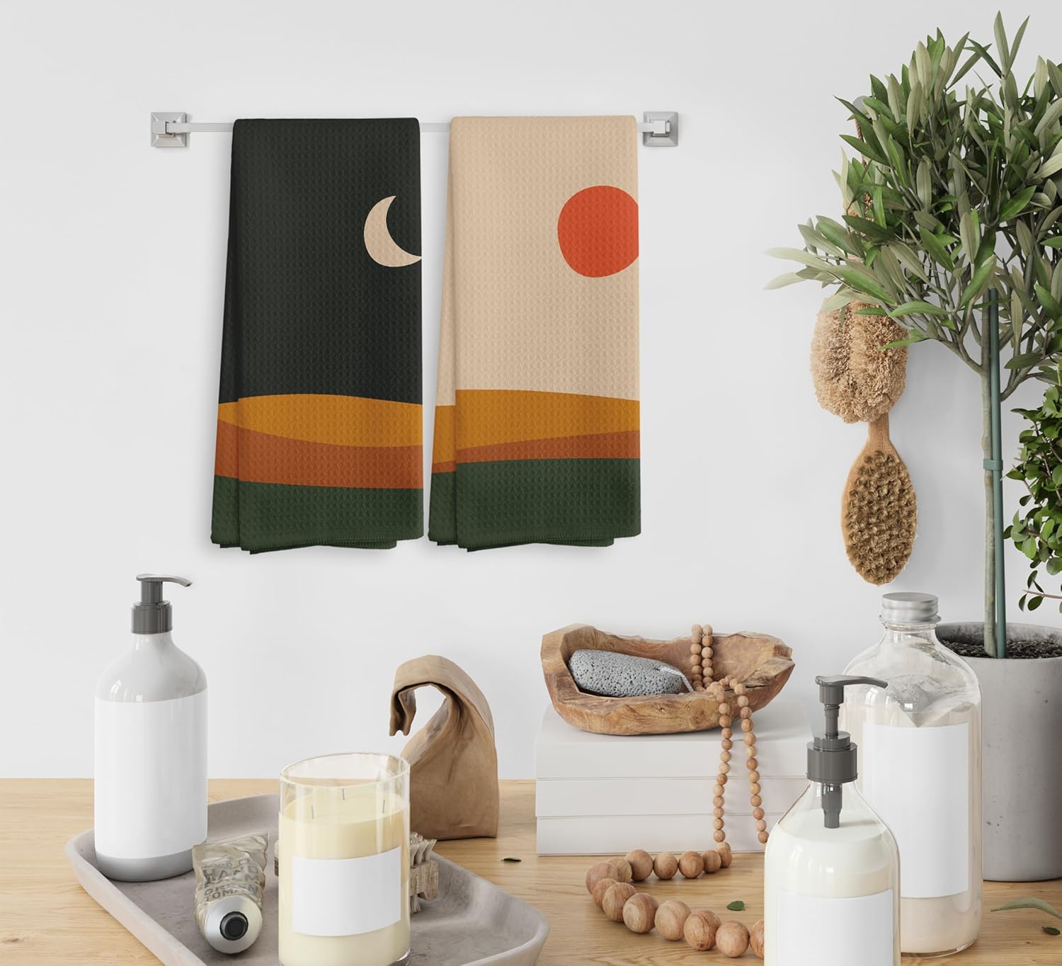 NOQL Abstract Boho Sun Moon Lake Kitchen Towel Set of 2