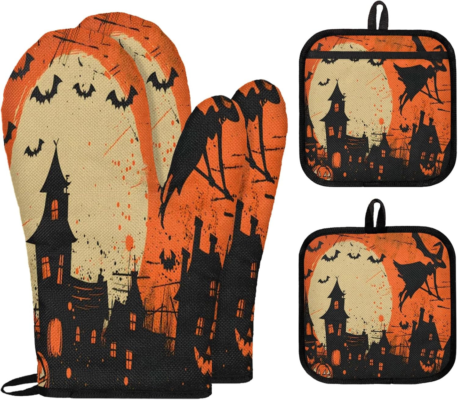 TropicalLife Halloween Witch Pumpkin Oven Mitts and Pot Holders 4 pcs Set