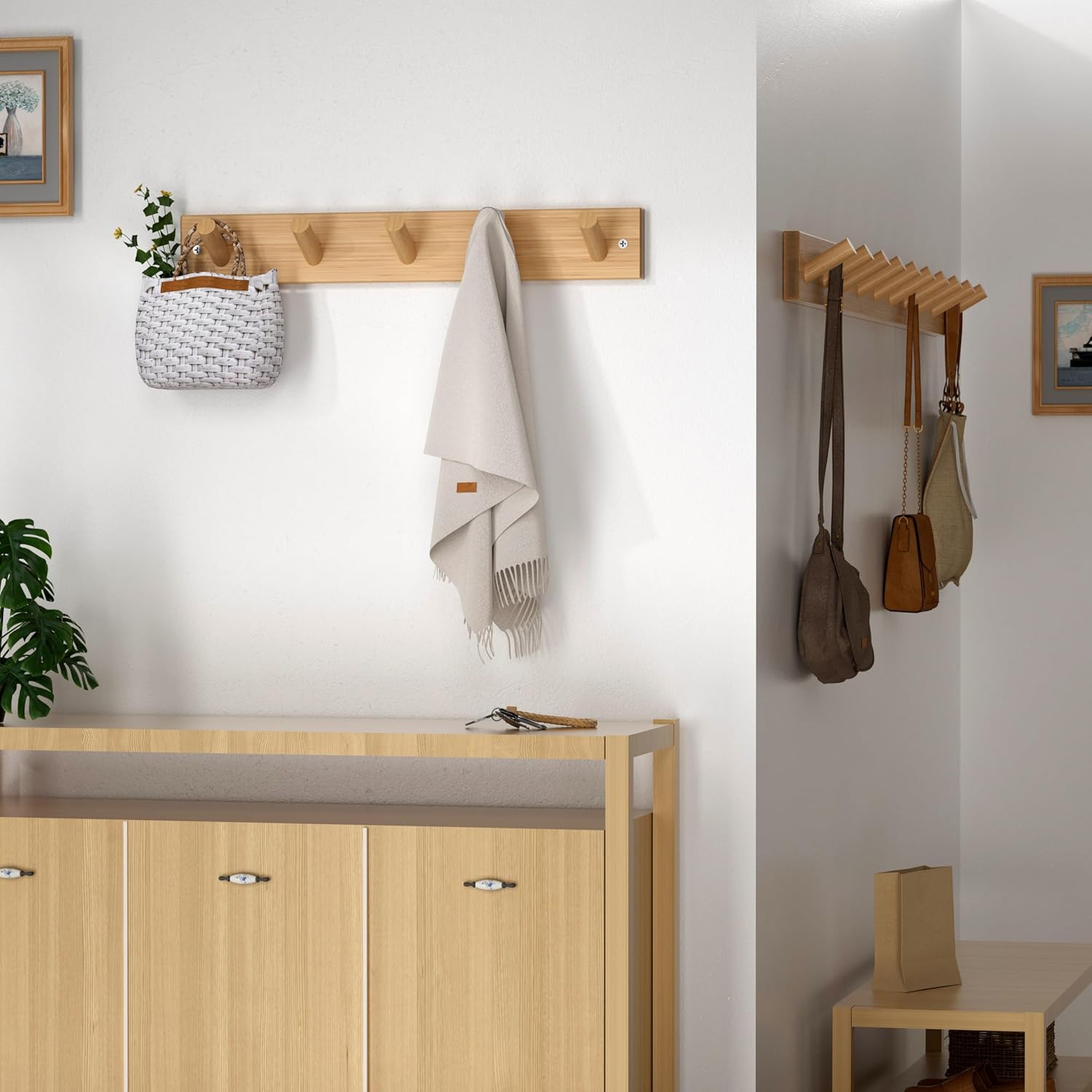 SKOLOO Bamboo Wall Coat Rack with 5 Pegs Natural Gold