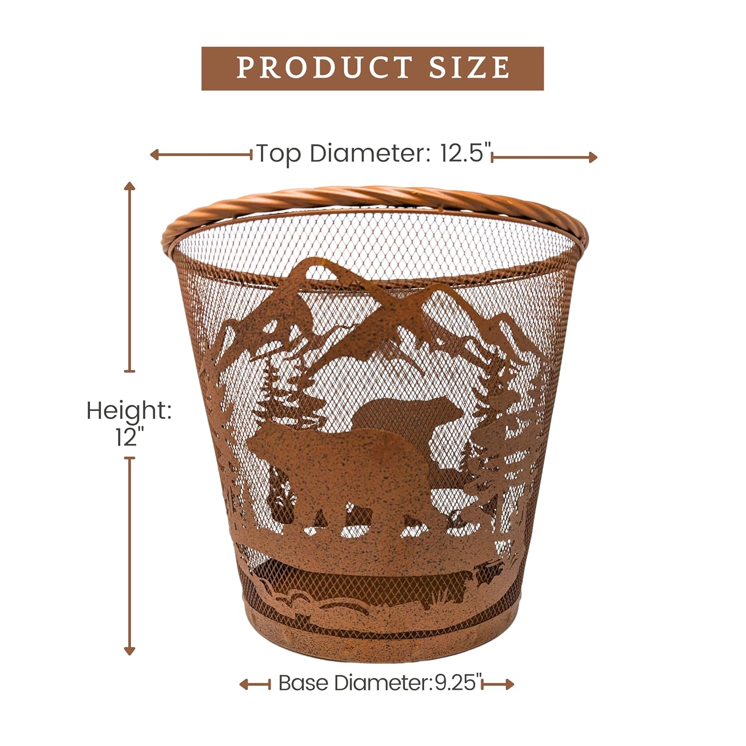 Rustic Brown Mesh Wastebasket with Mountain Bear Design
