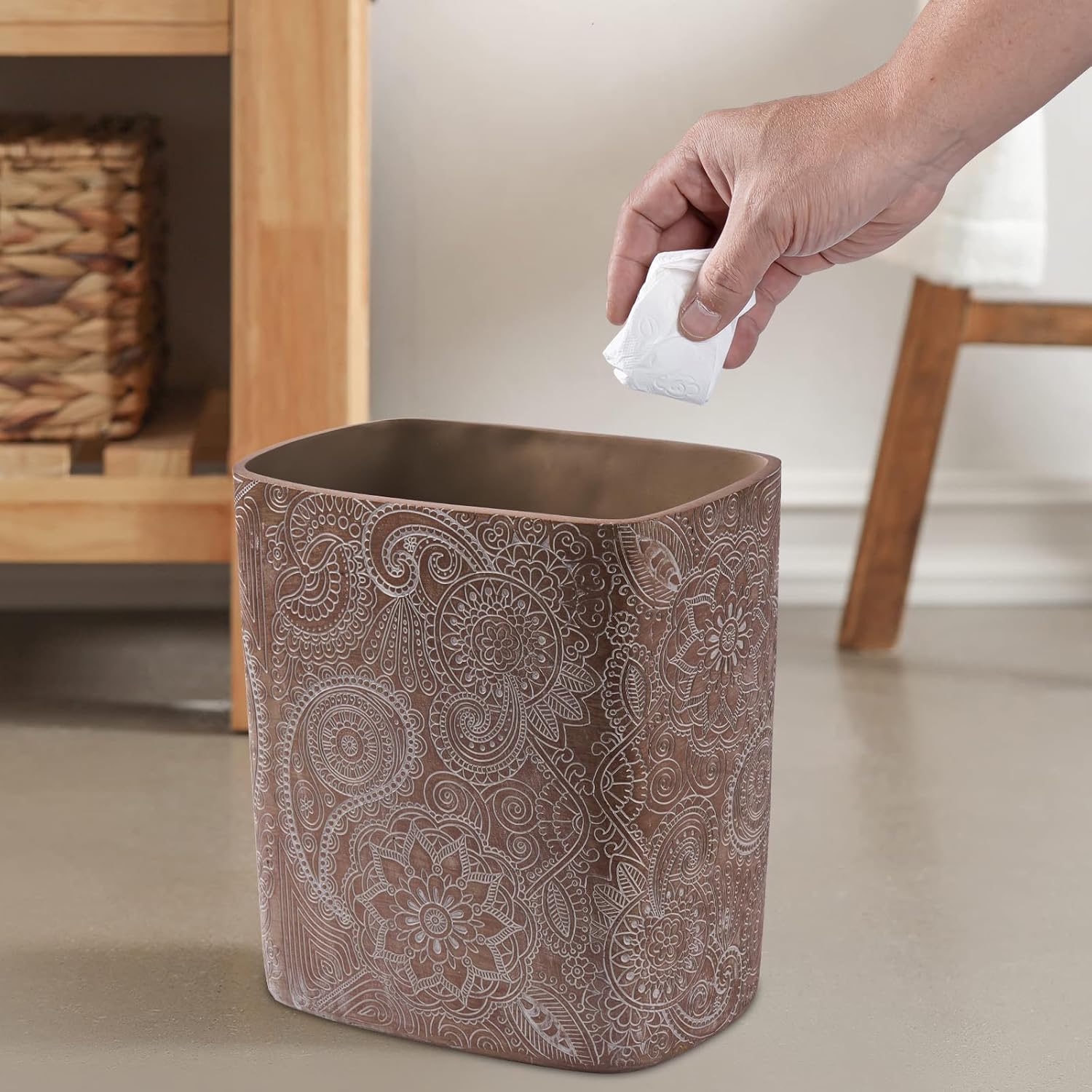 Polytree Boho Flowers Wastebasket 18 Gallon Retro Brown