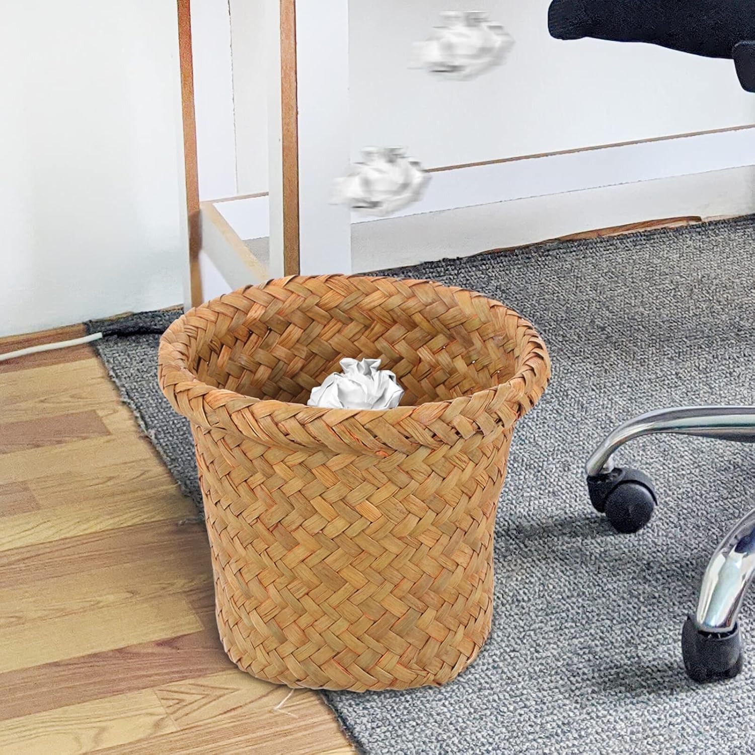 Operitacx Multi-Function Woven Trash Basket for Home and Bathroom