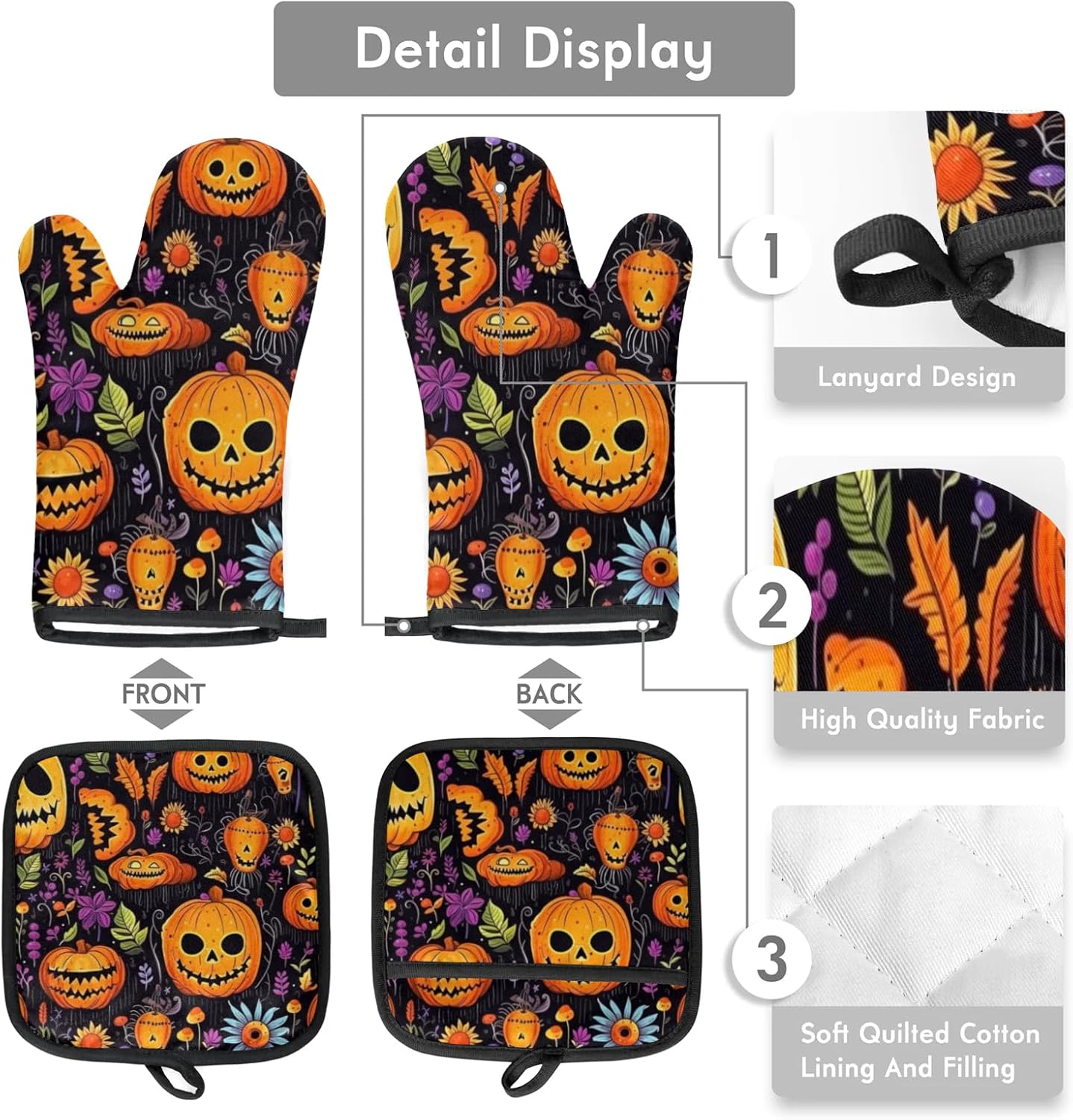 Aglebo Halloween Pumpkin Flower Oven Mitts Pot Holder Set