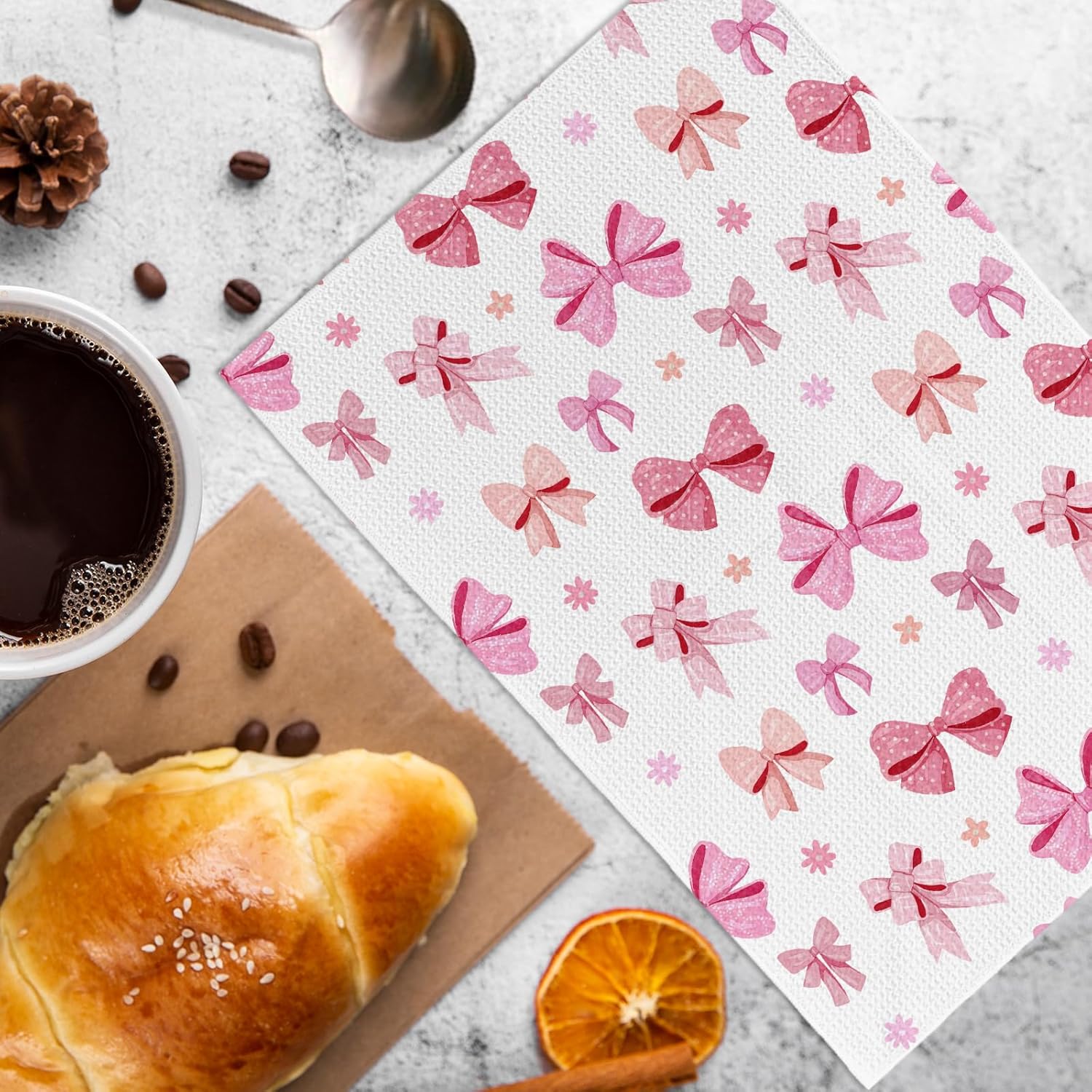 Pink Cherry Bow Kitchen Towels Set of 2