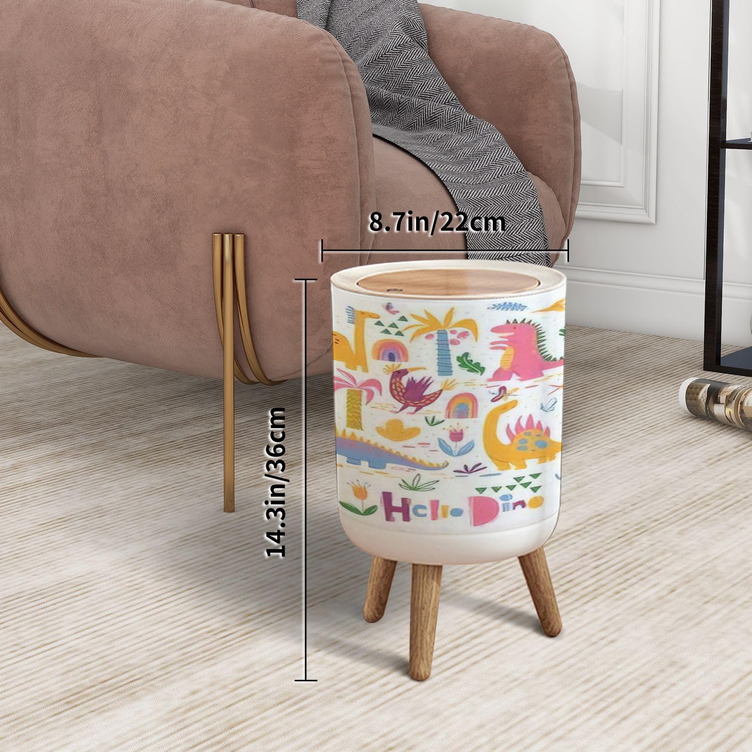 Hello Dino Trash Can with Lid 7L Round Bin with Wooden Legs