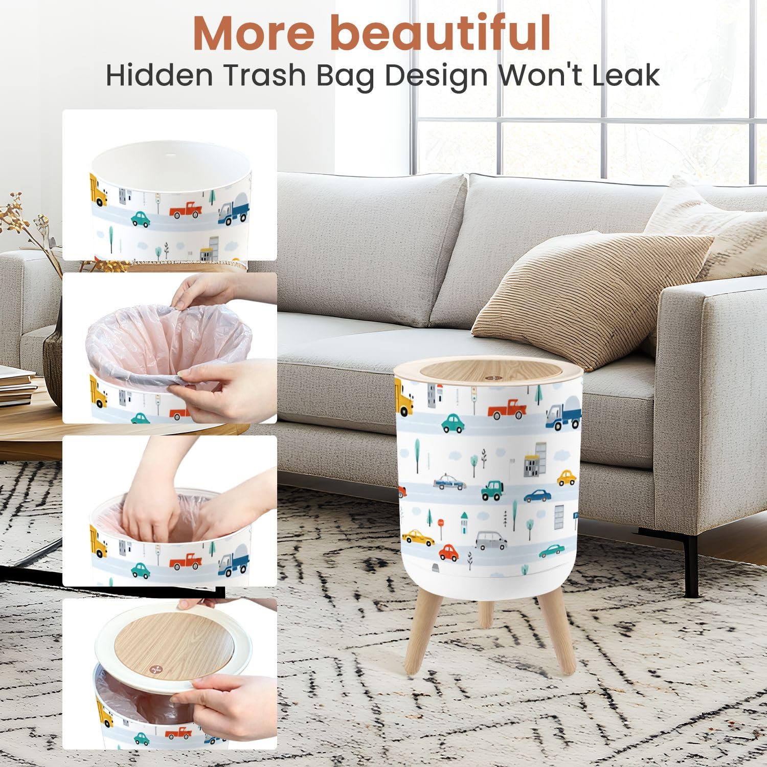 Small 18 Gallon Dog Proof Trash Can with Cute Car Pattern