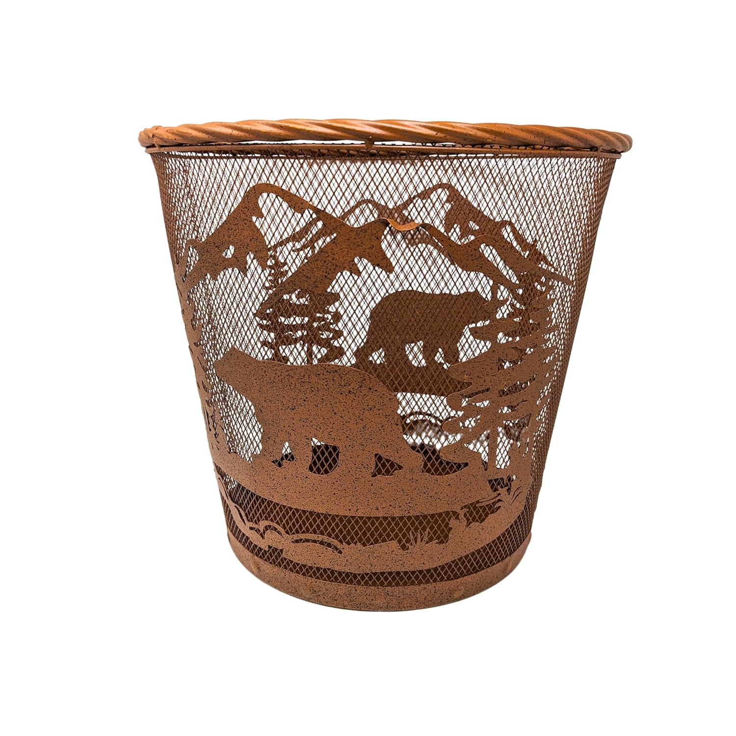 Rustic Brown Mesh Wastebasket with Mountain Bear Design