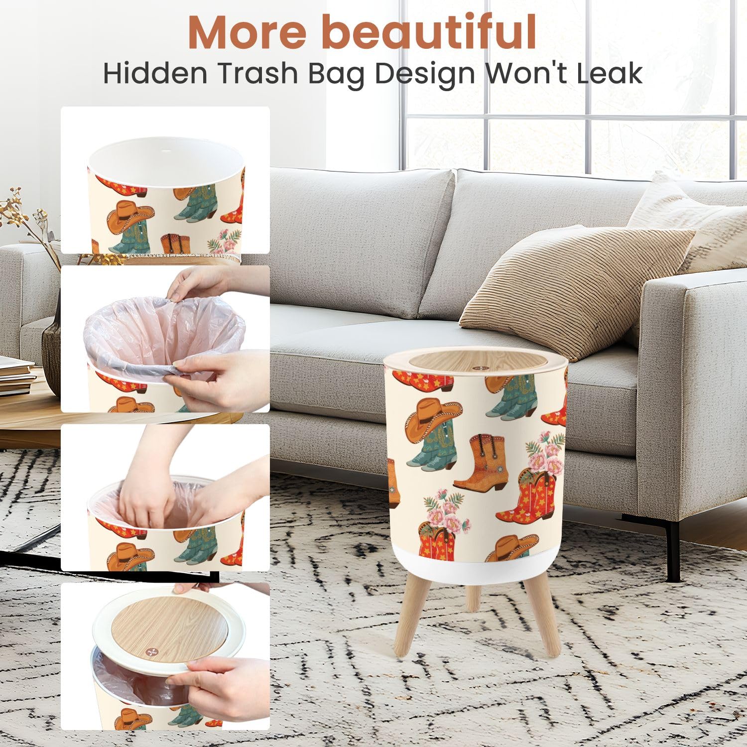 Small Trash Can with Lid Cowboy Pattern 18 Gallon Dog Proof