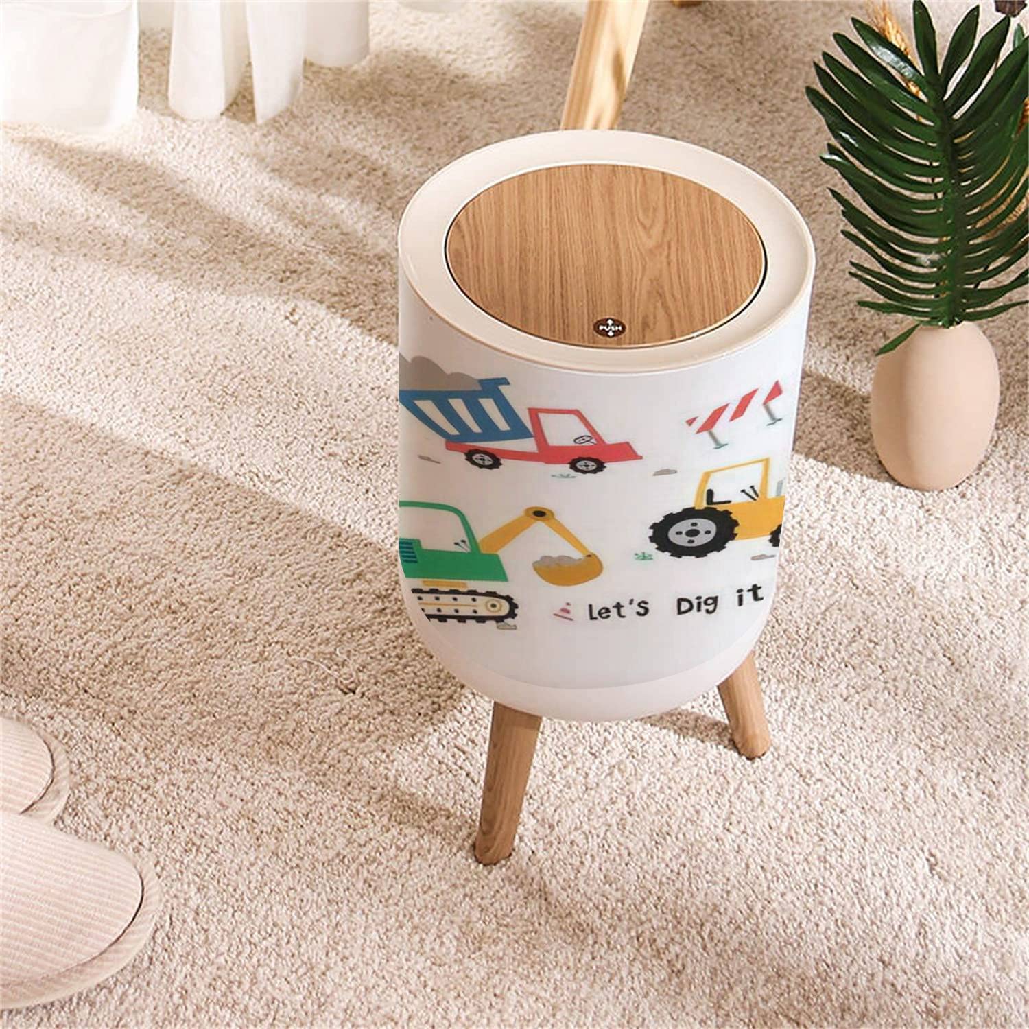Small Trash Can with Lid Cute Construction Trucks for Kids