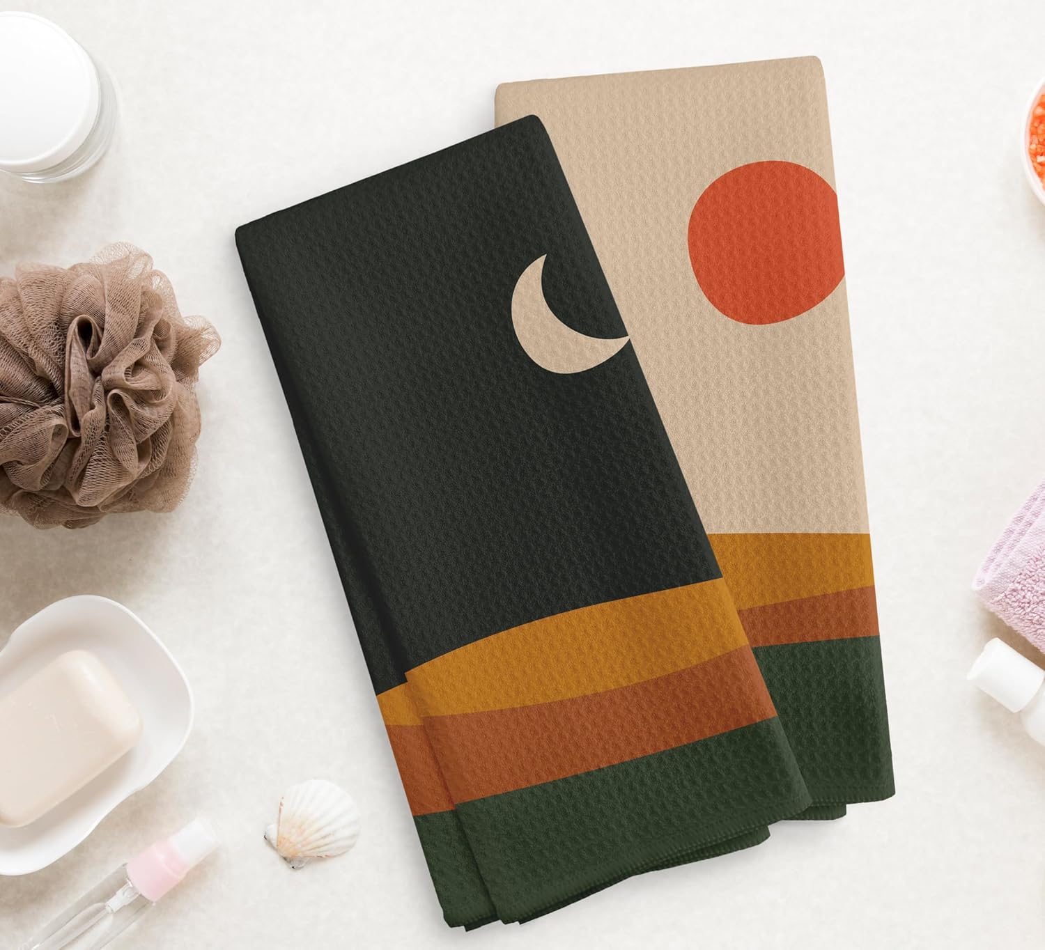 NOQL Abstract Boho Sun Moon Lake Kitchen Towel Set of 2