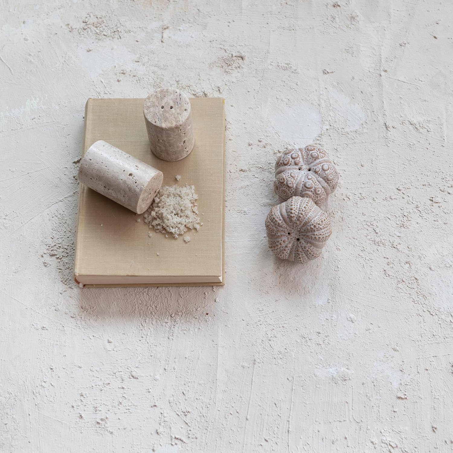 Creative Co-Op Natural Round Travertine Salt Pepper Shakers Set of 2 Small