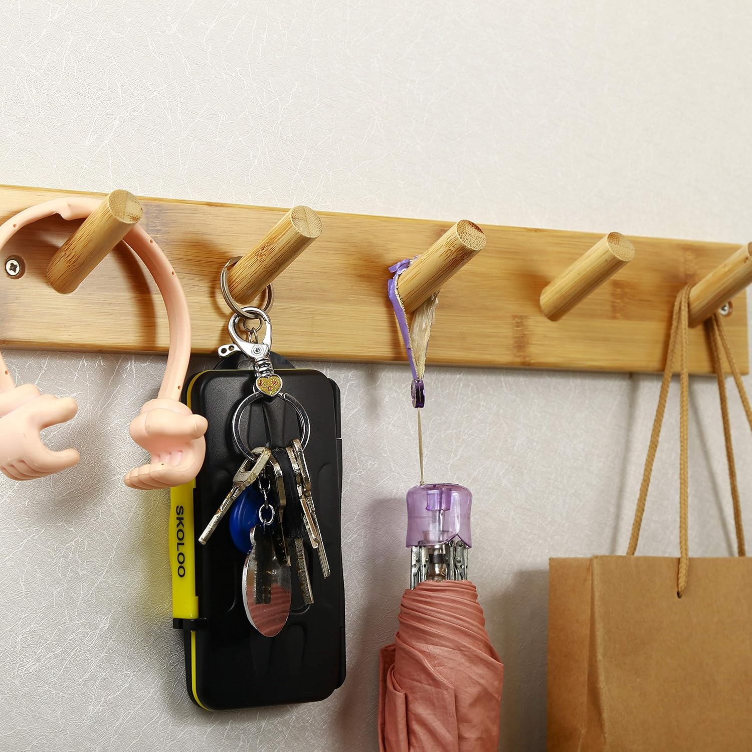 SKOLOO Bamboo Wall Coat Rack with 5 Pegs Natural Gold